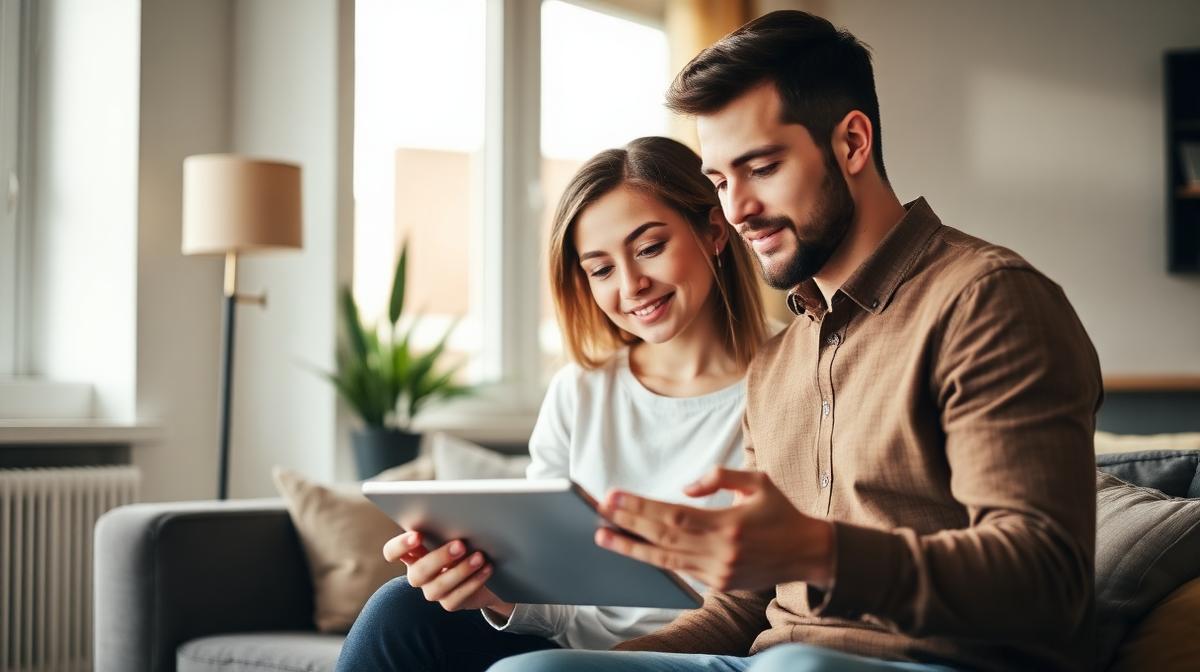 Paar nutzt gemeinsam die Budgetplaner App auf dem Tablet